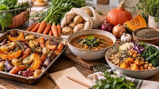 Roasted vegetables, soup and a bowl with pumpkin, potatoes, carrots and pulses for a seasonal meal plan.