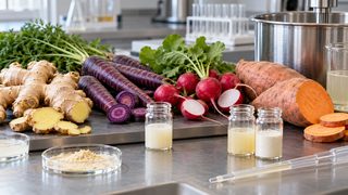 Symbolbild: Ingwer, violette Karotten, Radieschen und Süßkartoffeln neben unbeschrifteten Proteinproben im Labor
