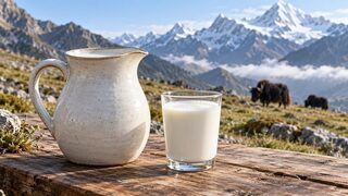 Symbolbild: Krug und Glas mit Milch vor einer Hochgebirgsweide mit Jaks im Hintergrund.