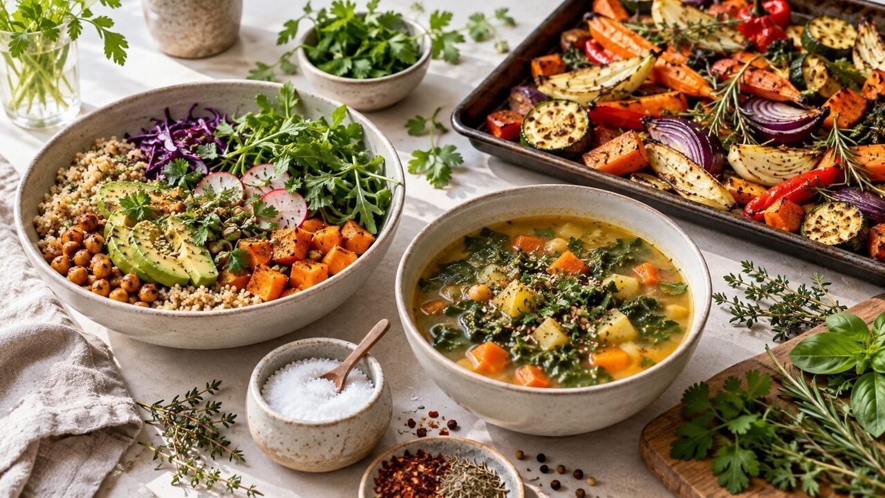 Vegetable soup, roasted vegetables and a bowl beside herbs and salt; the image does not indicate iodine content.