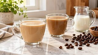 Symbolbild: zwei Glastassen Kaffee mit Milch in unterschiedlichen Brauntönen neben einer Milchkanne und gerösteten Kaffeebohnen.