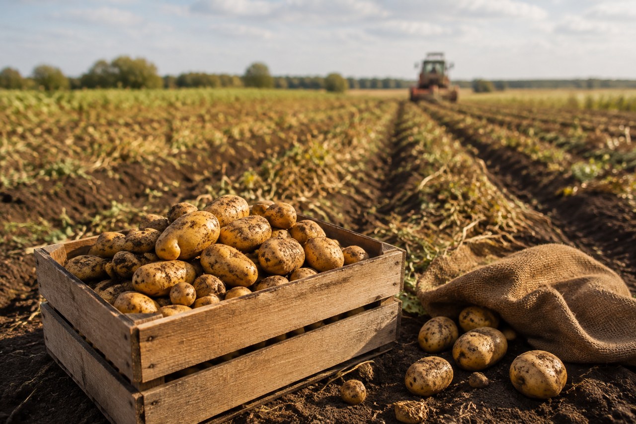 Freshly harvested potatoes in a wooden crate in front of a potato field and harvesting machine.