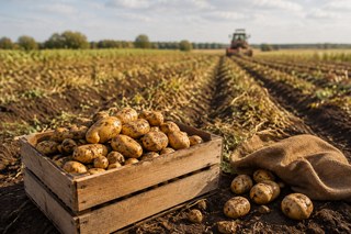 Freshly harvested potatoes in a wooden crate in front of a potato field and harvesting machine.
