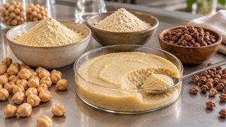 Illustrative image of pale and dark chickpeas, two fine flour fractions and a creamy plant-based gel sample in neutral bowls.