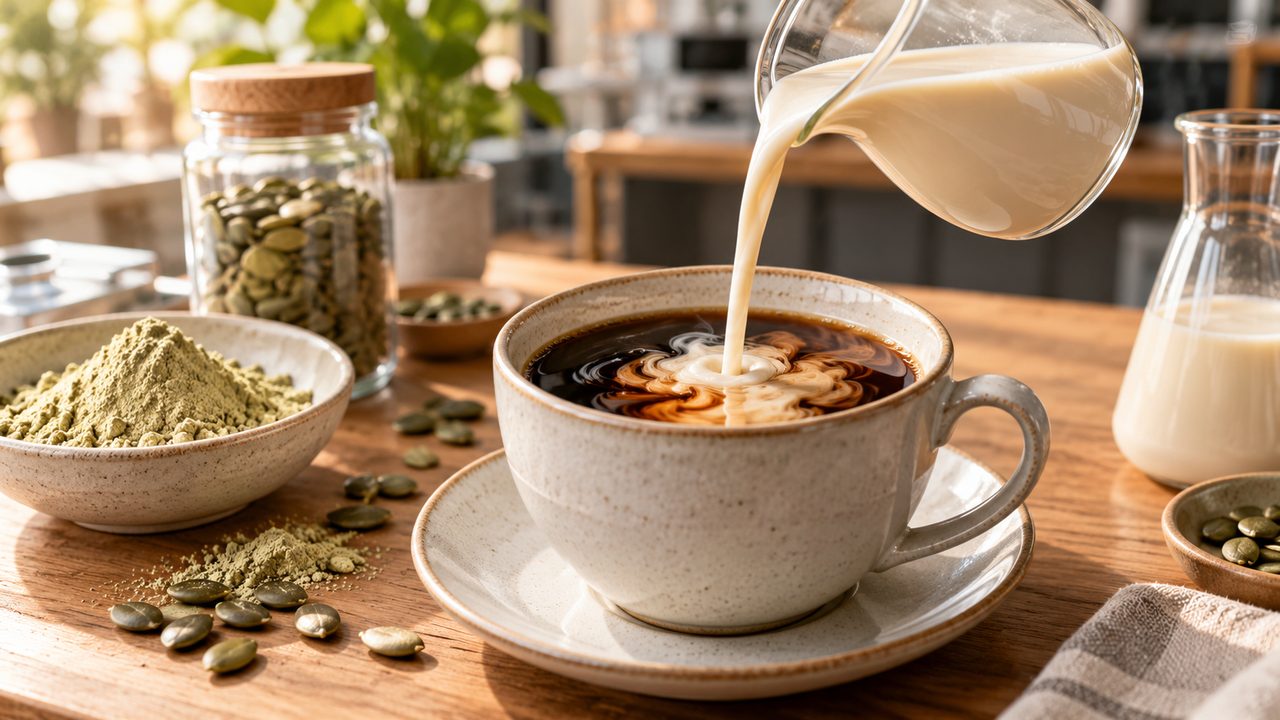 Symbolic image: plant emulsion poured into black coffee beside pumpkin seeds and protein powder