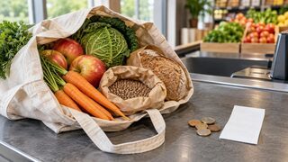 Symbolbild: Einkaufstasche mit Obst, Gemüse, Brot und Hülsenfrüchten neben Euro-Münzen und einem unbeschrifteten Kassenzettel.