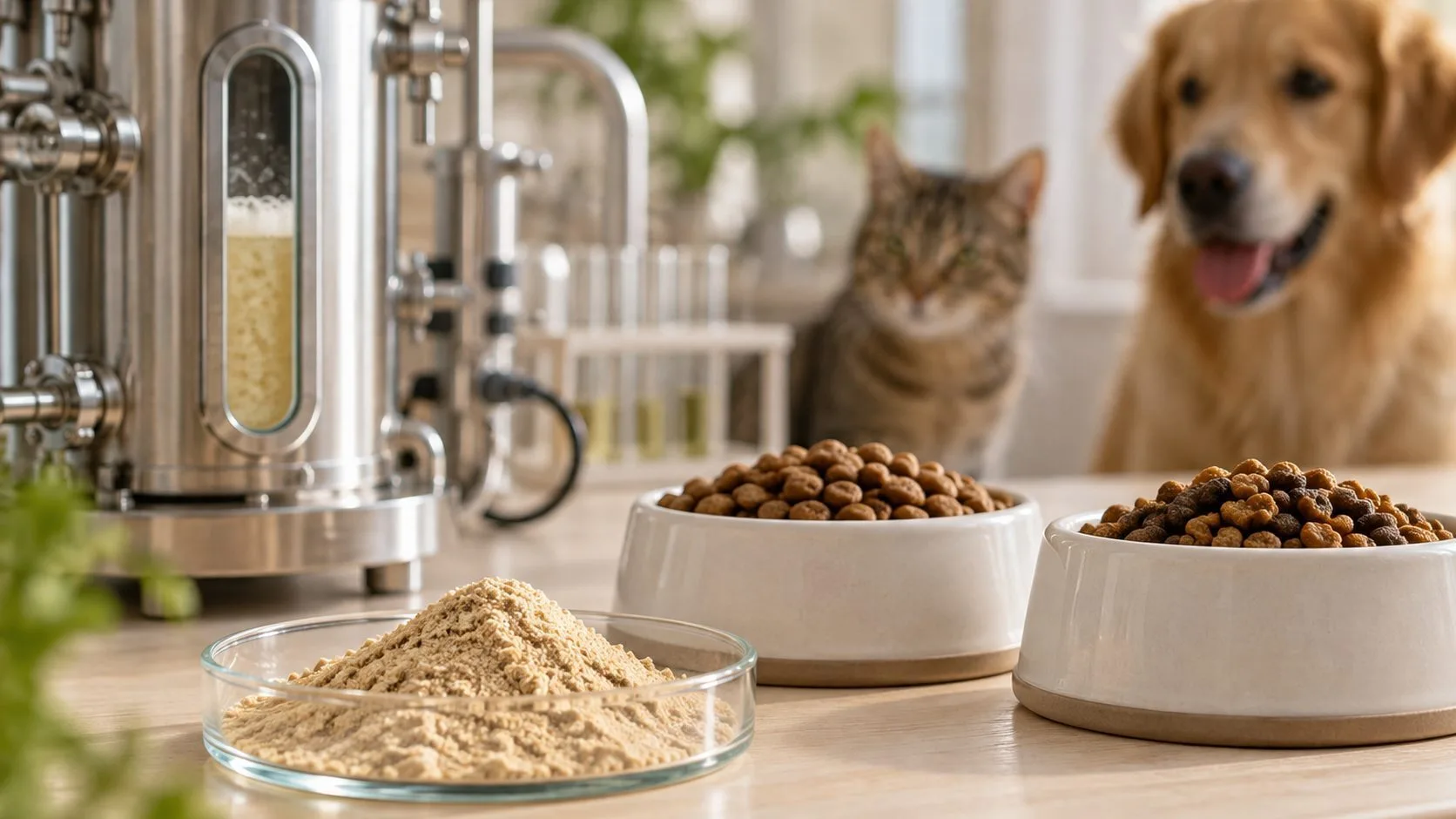 Symbolbild: Fermentationsbehälter, eine Schale mit beigem Proteinpulver und zwei neutrale Näpfe mit Trockenfutter vor unscharfer Katze und Hund.