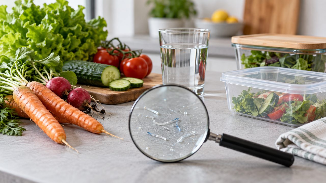 Illustrative image of food, water and different packages beside a magnifying glass, representing the analysis of tiny plastic particles.