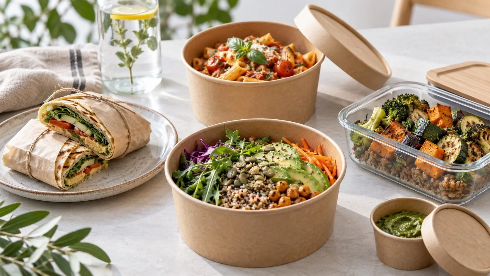 Takeaway meals in brown containers beside a reusable glass box; the materials cannot be legally assessed from the image alone.