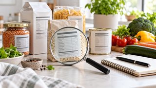 Symbolic image: packaged foods with neutral nutrition panels, a magnifying glass, notebook and fresh vegetables