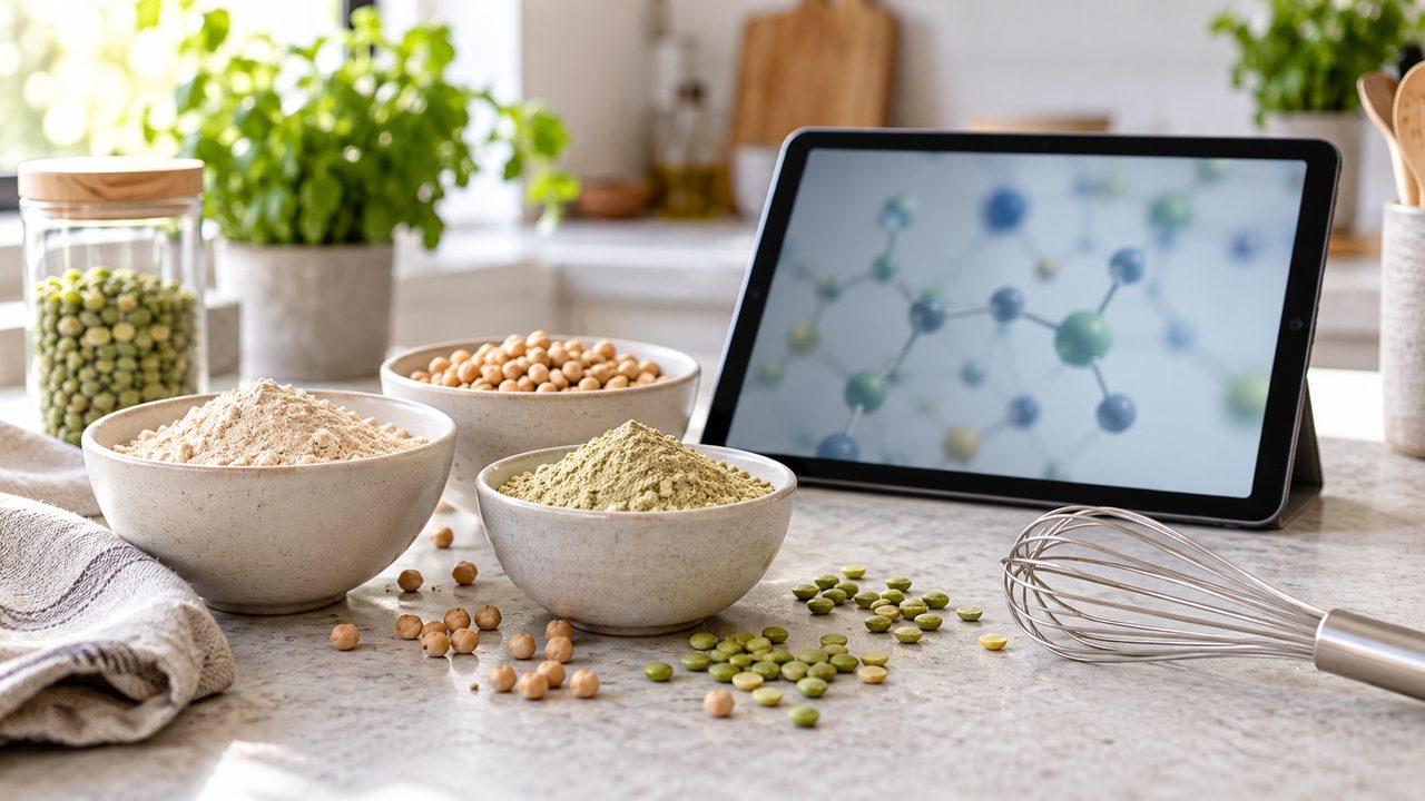 Symbolbild: Schalen mit Hülsenfrüchten und Proteinpulvern neben einem Tablet mit abstrakter Moleküldarstellung in einer hellen Küche