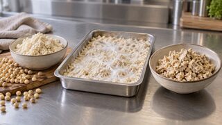 Symbolbild: Frisches Okara, ein kontrolliert mit weißem Austernpilz-Myzel durchwachsener Fermentationsansatz und die fertige krümelige Zutat.