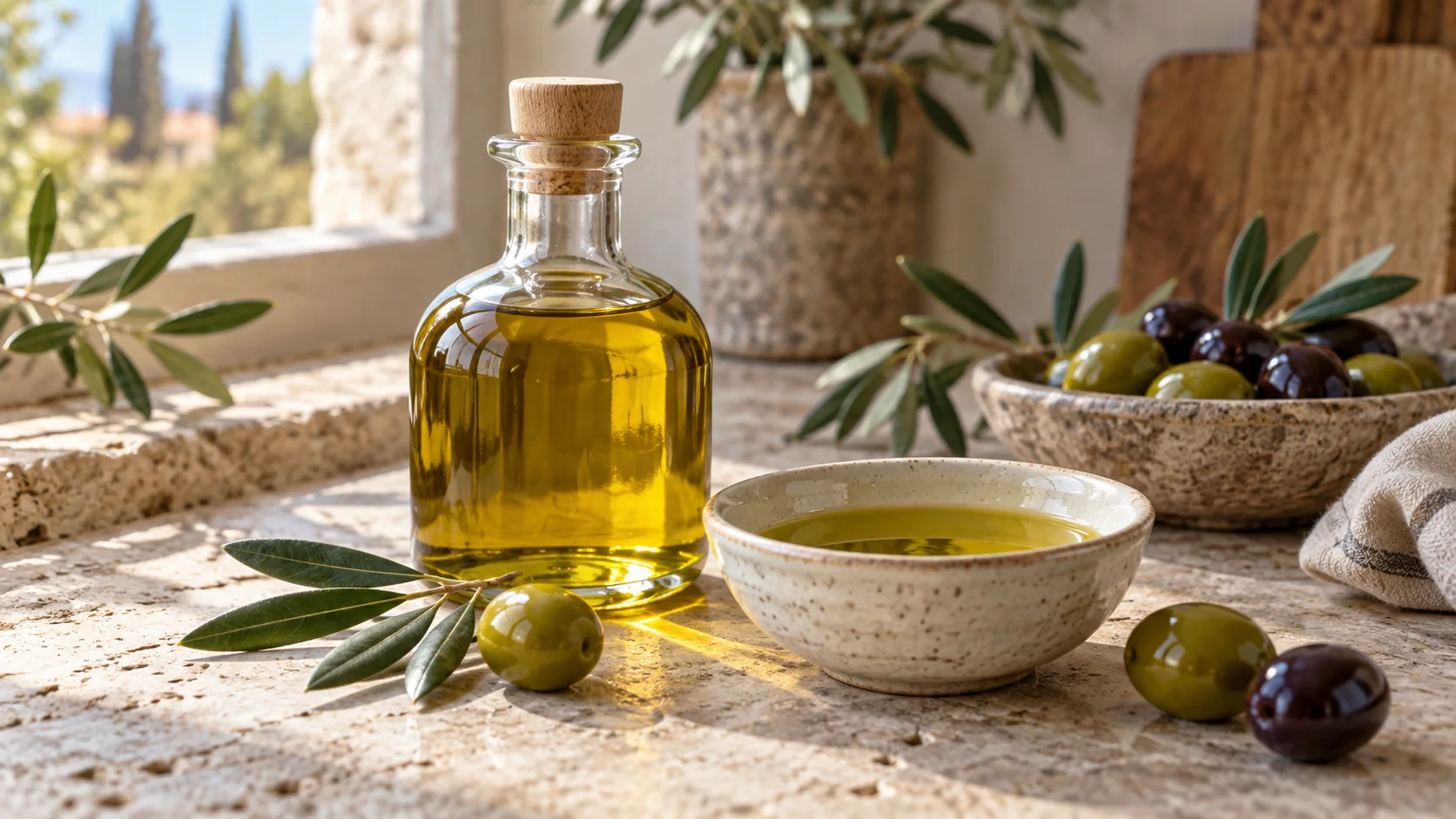 Illustrative image of an unlabelled glass bottle of golden olive oil, a bowl, olives and branches on a light Mediterranean worktop.