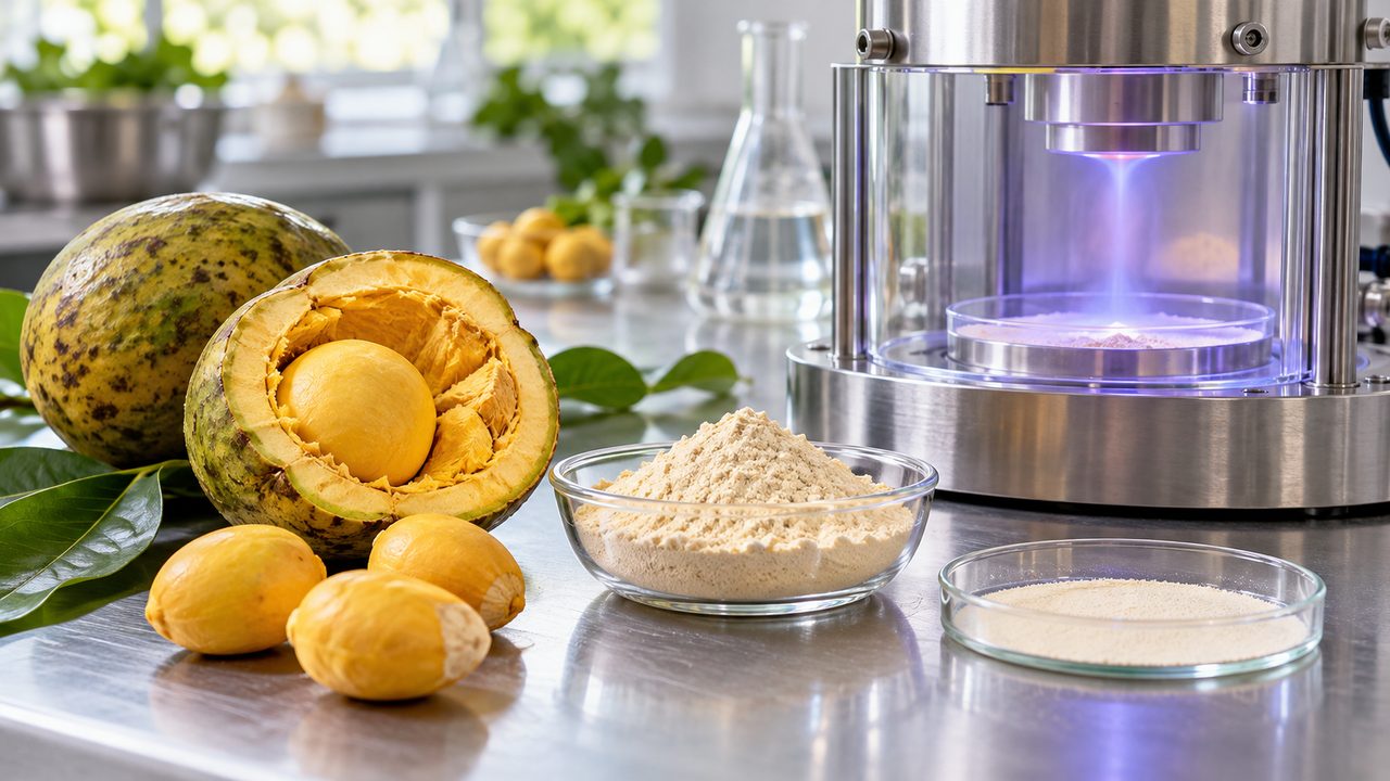 Symbolbild: aufgeschnittene Pequi-Frucht, Kerne und helles Proteinpulver neben einer neutralen Laborbehandlung auf heller Fläche
