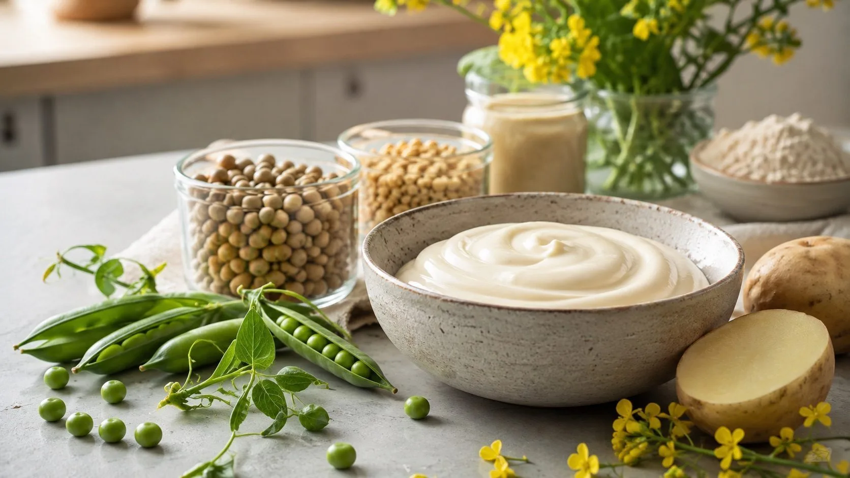 Creamy emulsion with peas, potatoes and rapeseed flowers representing plant-based emulsifiers.