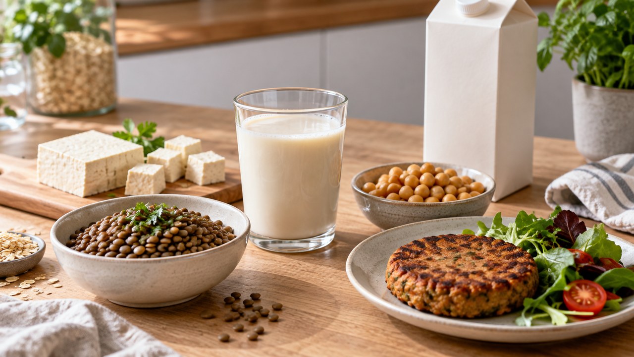 Illustrative image of a plant drink, tofu, lentils, chickpeas and a plant-based patty on a kitchen table.