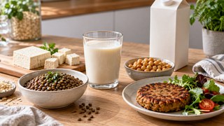 Illustrative image of a plant drink, tofu, lentils, chickpeas and a plant-based patty on a kitchen table.
