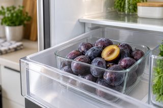 Ripe plums with their natural waxy bloom in a glass bowl inside a refrigerator’s vegetable compartment.