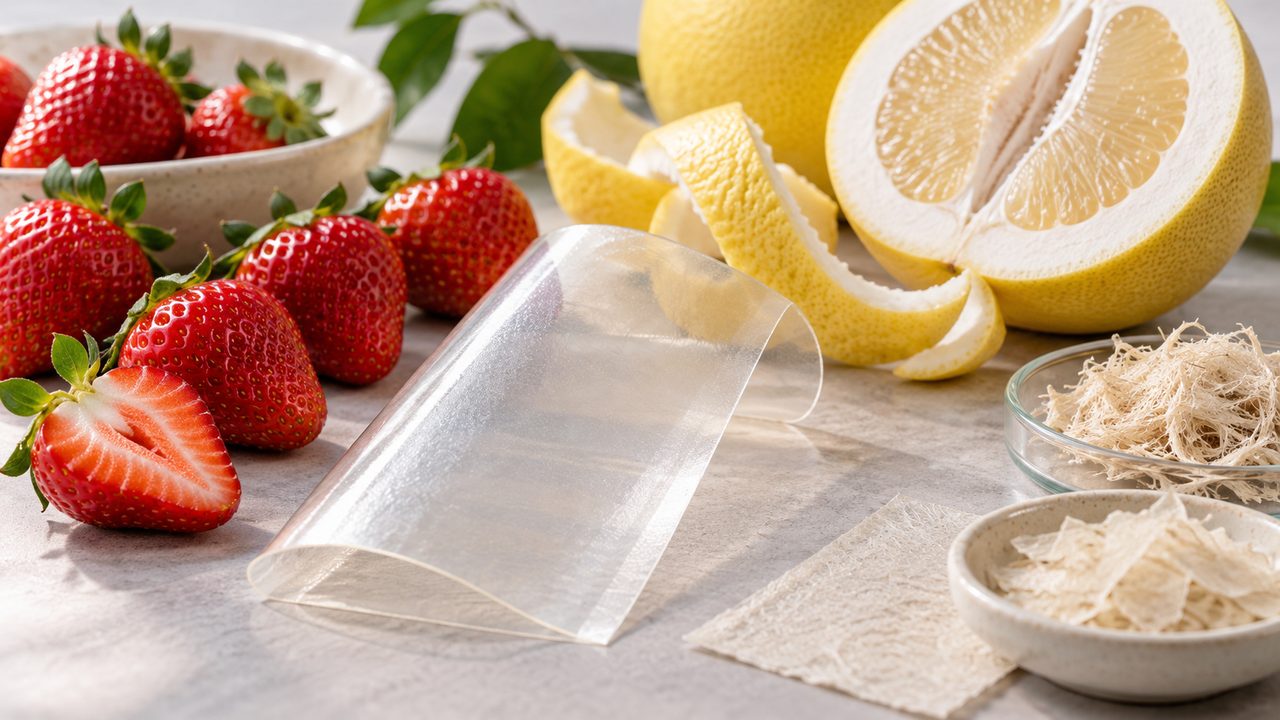 Symbolbild: Erdbeeren neben transparenter Laborfolie, Pomeloschale und neutralen Materialproben auf heller Fläche