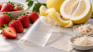 Symbolbild: Erdbeeren neben transparenter Laborfolie, Pomeloschale und neutralen Materialproben auf heller Fläche