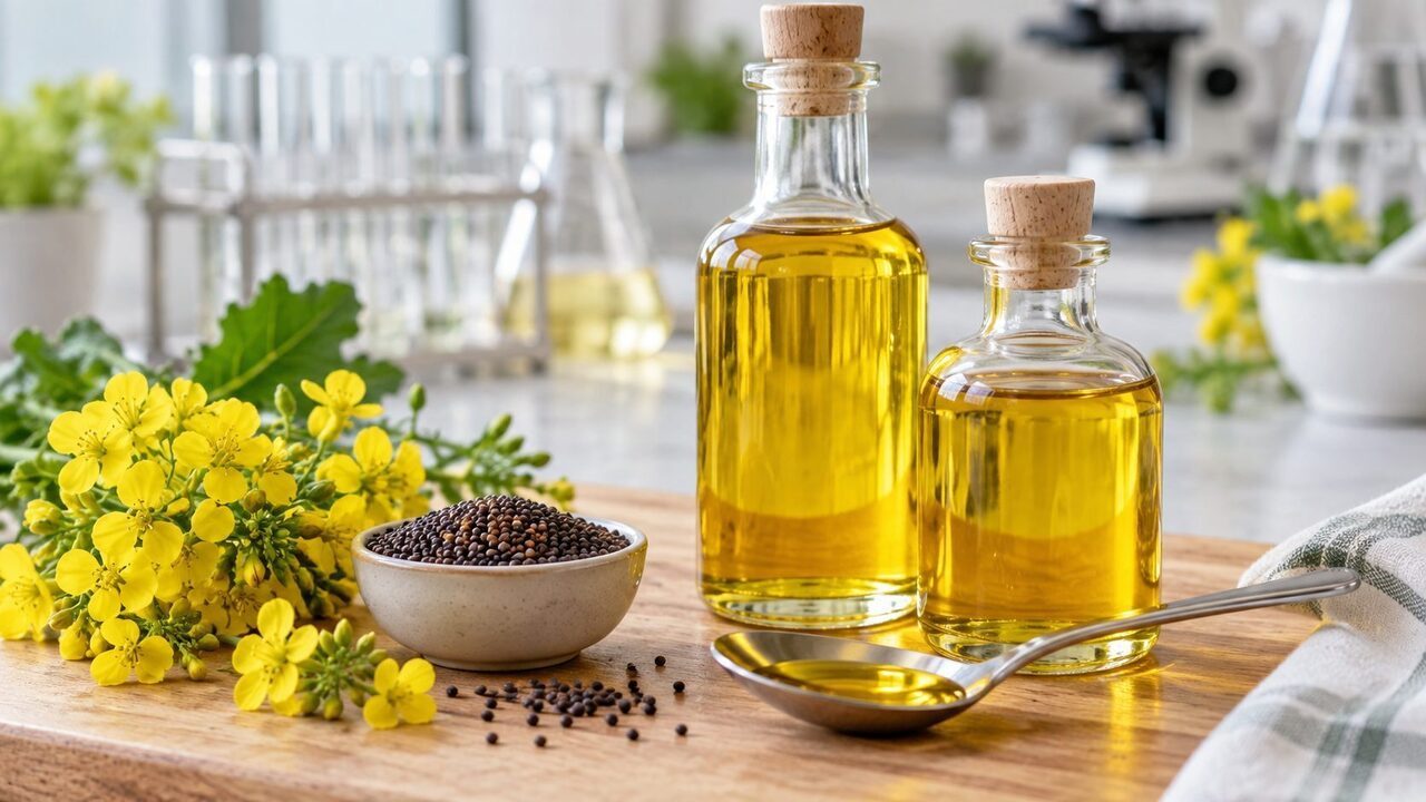 Symbolbild: Zwei unbeschriftete Glasflaschen mit goldenem Rapsöl, Rapssamen, Blüten und Probierlöffel in einer Testküche.