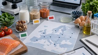 Illustrative image of food samples, neutral warning cards and connected points on a European supply-chain map.
