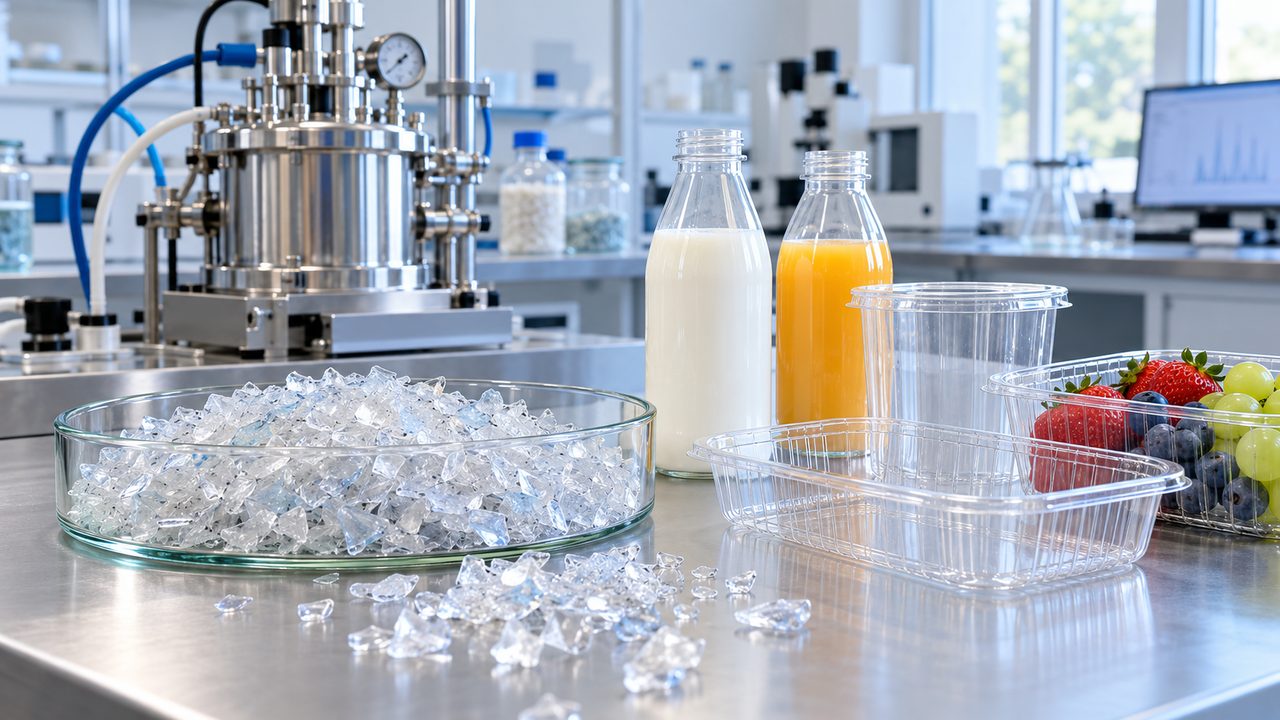 Symbolbild: transparente PET-Flakes, unbedruckte Lebensmittelbehälter sowie Milch- und Saftflaschen auf einem Prüftisch