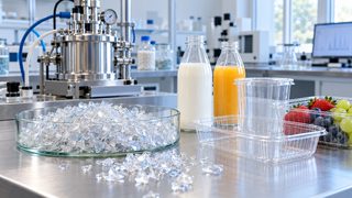 Symbolbild: transparente PET-Flakes, unbedruckte Lebensmittelbehälter sowie Milch- und Saftflaschen auf einem Prüftisch