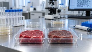 Symbolbild: Rote und braun verfärbte Rindfleischproben in transparenten Schalen vor neutraler Laborausstattung.
