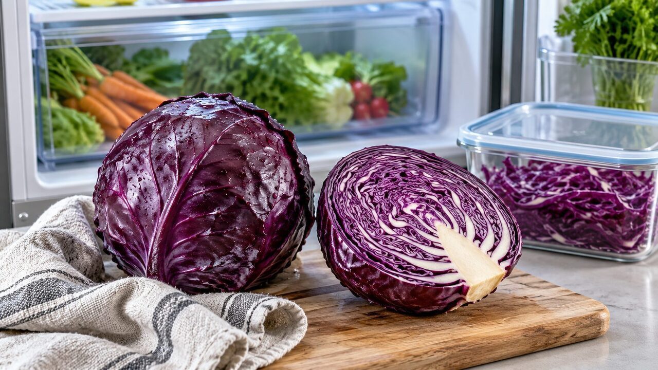 Symbolbild: ganzer und angeschnittener Rotkohl neben feuchtem Küchentuch und Vorratsbox im Kühlschrank.