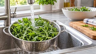 Symbolbild: frischer Ruccola wird in einem Sieb unter Trinkwasser gewaschen und auf einer sauberen Arbeitsfläche vorbereitet