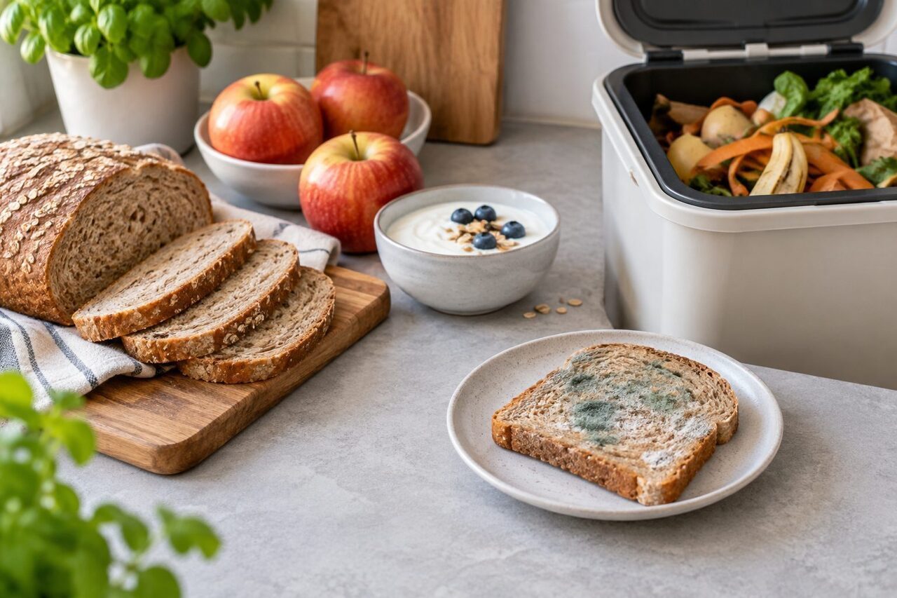 Symbolbild: Sichtbar verschimmelte Brotscheibe getrennt von frischem Brot, Äpfeln und Joghurt neben einem geöffneten Abfallbehälter.