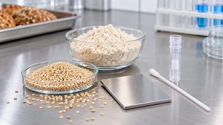 Symbolbild: Sesamsamen, neutrale Backmischung und Edelstahlfläche neben einer kleinen Laborkartusche ohne Beschriftung