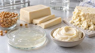 Symbolbild: neutrale pflanzliche Käseproben, Sojabohnen und Alginatgel auf einer hellen Laborfläche