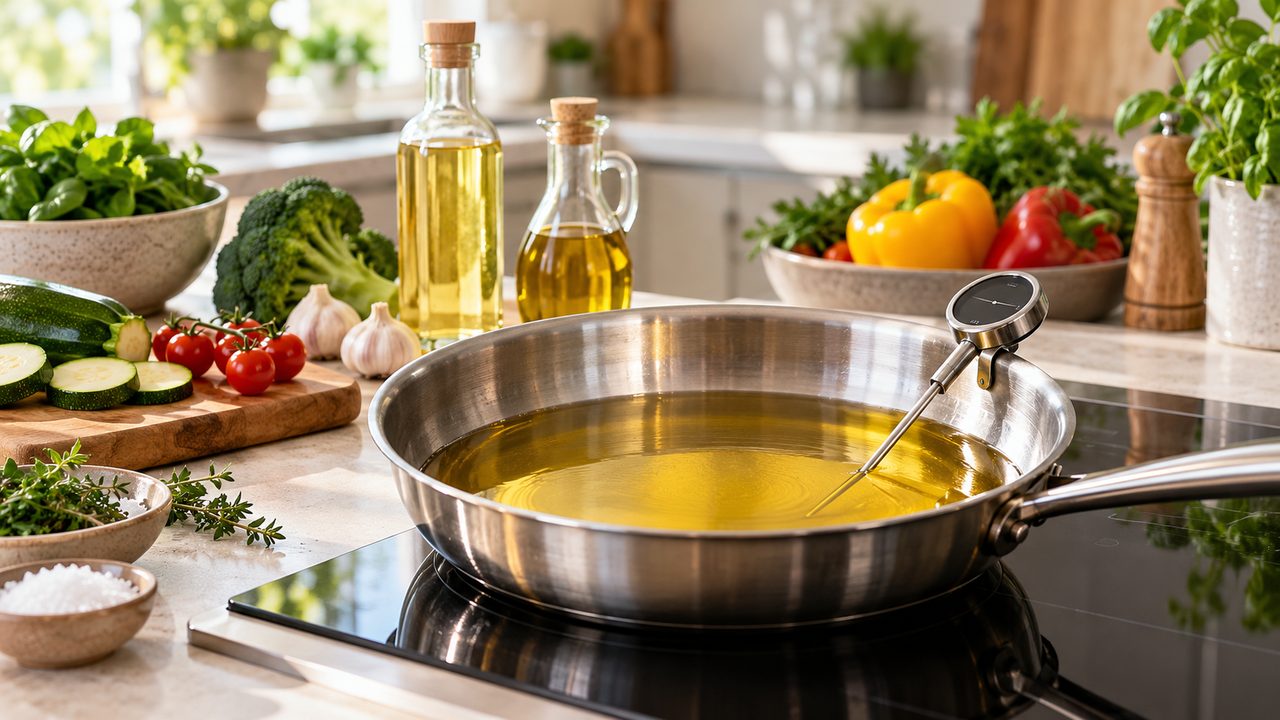 Symbolbild: klare Speiseöle, Edelstahlpfanne, Küchenthermometer und Gemüse in einer hellen Küche ohne Rauch