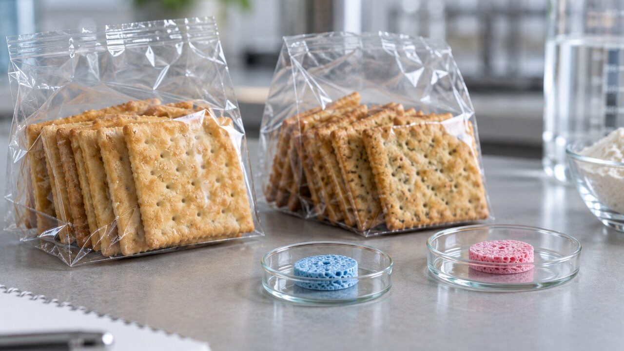 Symbolbild: Zwei poröse blaue und rosa Sensorscheiben liegen getrennt von neutral verpackten Crackern in einer Testküche.