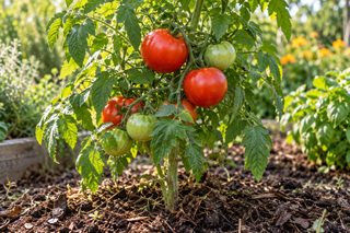 Tomato plant with ripe and green fruit in a mulched garden bed under warm late-summer light.