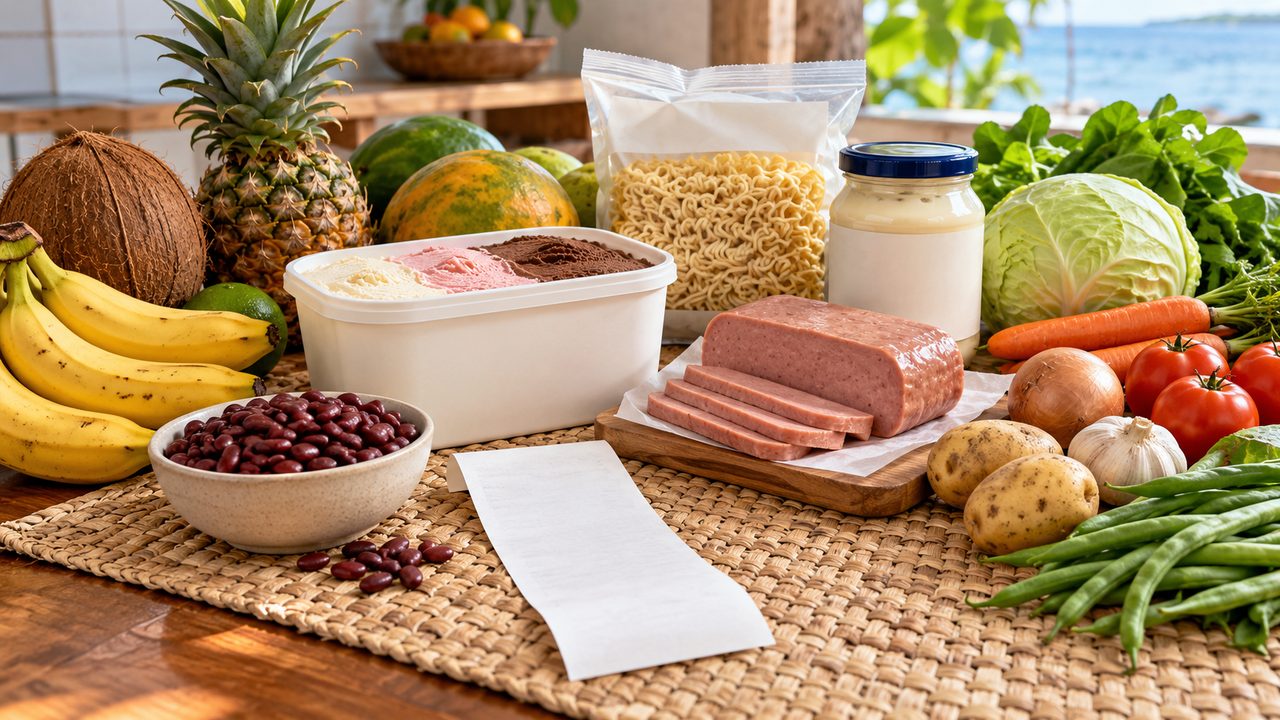 Symbolbild: Einkaufskorb mit Eiscreme, Instantnudeln und verarbeitetem Fleisch neben Obst, Gemüse, Bohnen und einem Kassenbon