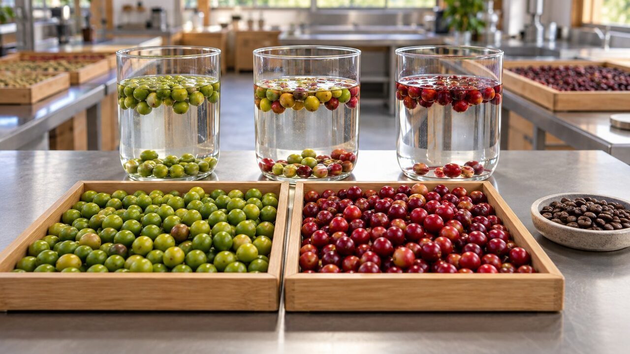 Symbolbild: Grüne und rote Kaffeekirschen neben neutralen Wasserbehältern und gerösteten Bohnen in einer Versuchsumgebung.