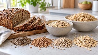 Symbolbild: Vollkornbrot, Haferflocken, Naturreis und verschiedene ganze Getreidekörner auf einer hellen, unbeschrifteten Küchenfläche.