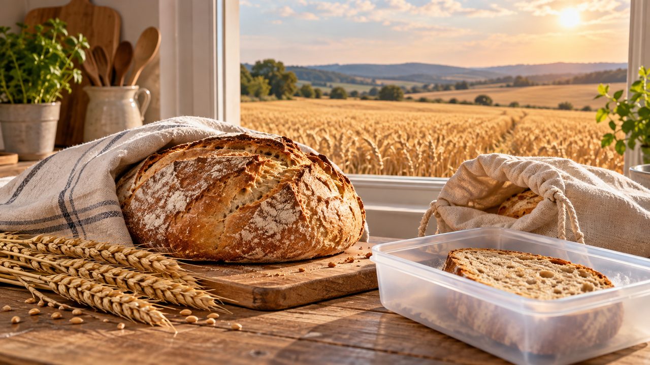 Symbolbild: Brot und Weizenähren auf einem Küchentisch vor einem trockenen, aber intakten Weizenfeld im warmen Spätsommerlicht