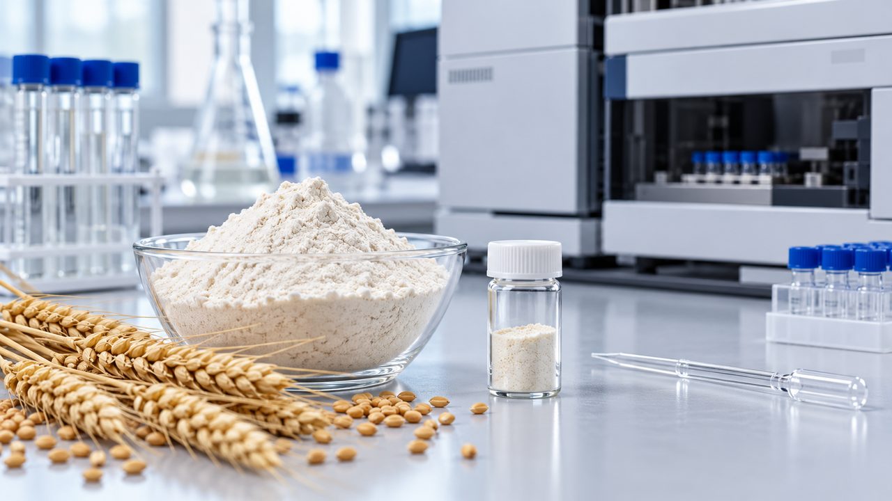 Symbolbild: Weizenmehl, Ähren, Probenfläschchen und Pipette vor einem neutralen Laborgerät