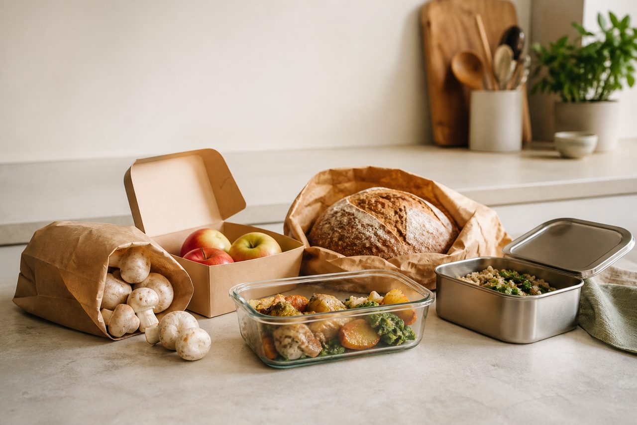 Bread, apples, mushrooms and prepared food in paper, glass and metal containers; no material test or certification is shown.