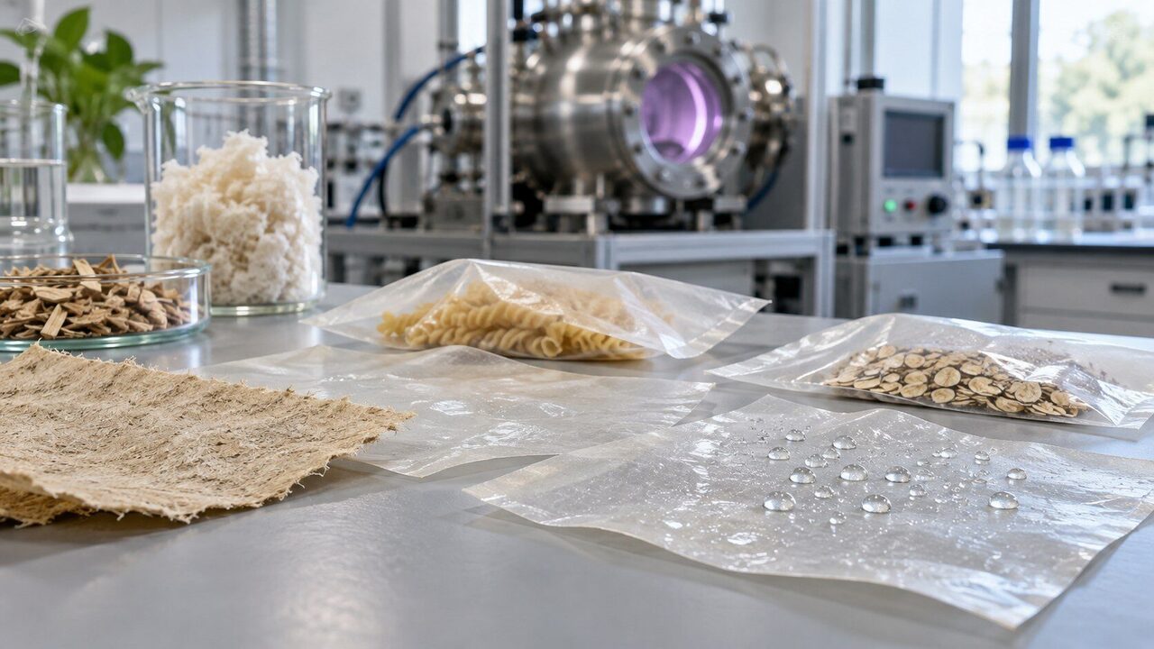 Symbolbild: Zellulosefolien und Holzfasern mit Wassertropfen vor einer neutralen Plasmaanlage in einem Materiallabor.