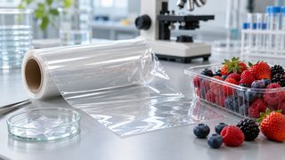 Symbolbild: transparente Lebensmittelverpackungsfolie mit Beeren auf einem neutralen Laborarbeitsplatz