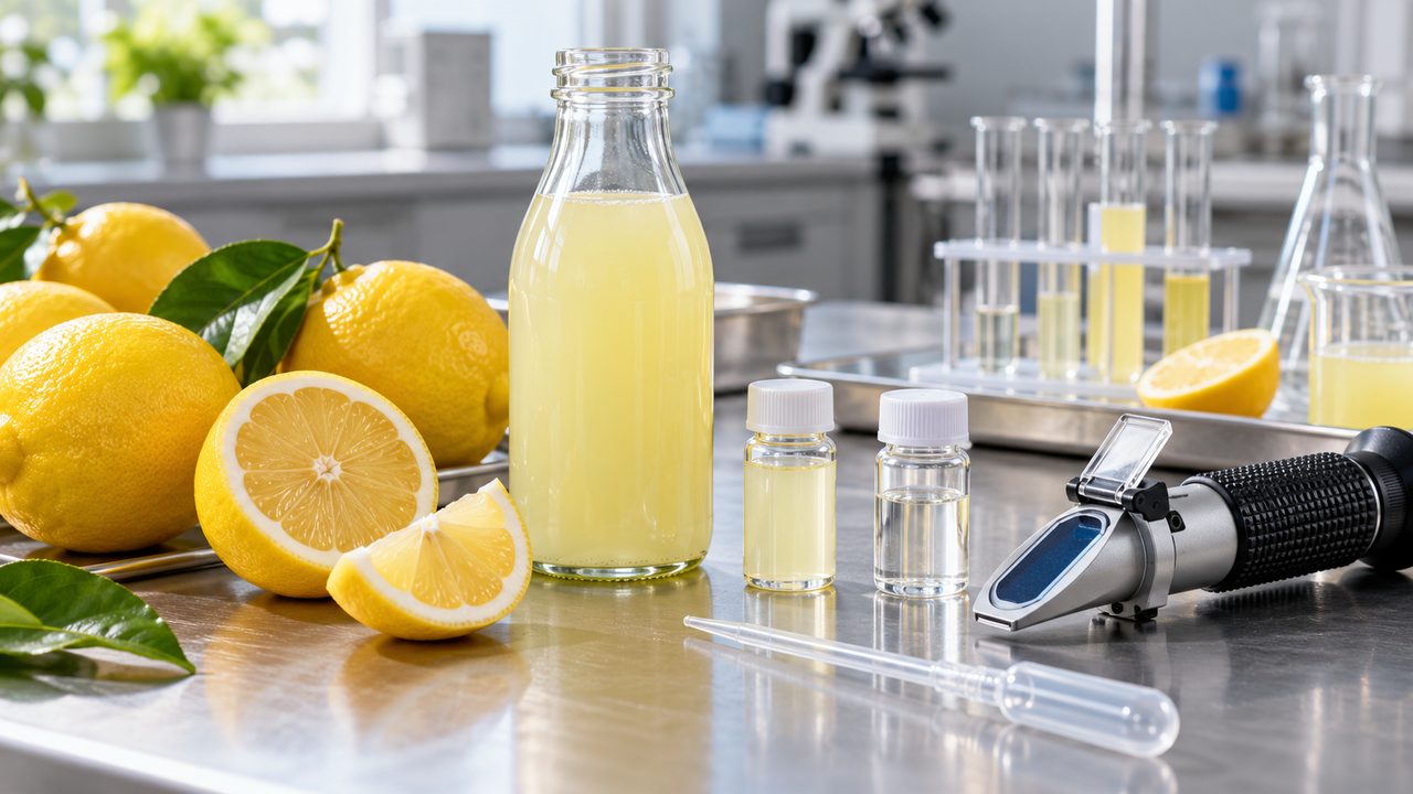 Symbolbild: Zitronen, neutral abgefüllter Zitronensaft und Laborgeräte für eine Echtheitsprüfung