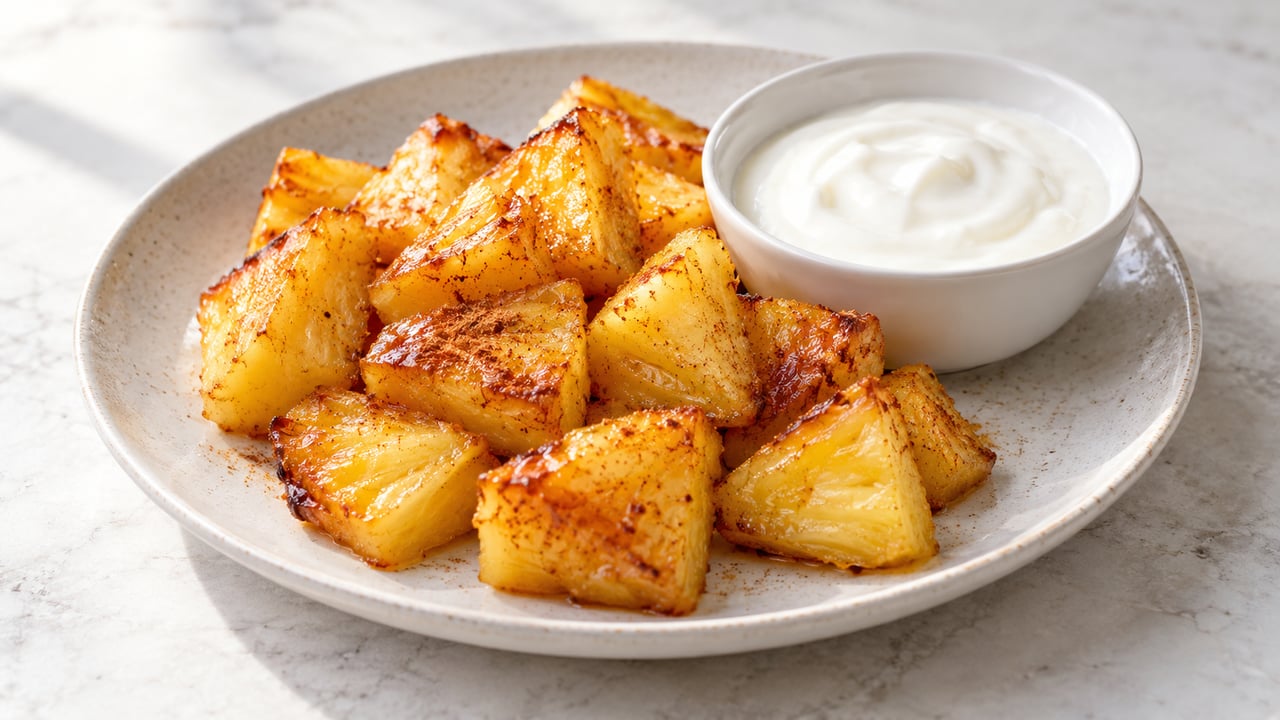Pezzi di ananas arrosto giallo dorato con macchie di cannella e una ciotola di yogurt naturale