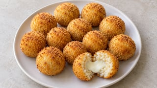 Bolitas de arroz doradas con centro blanco de mozzarella
