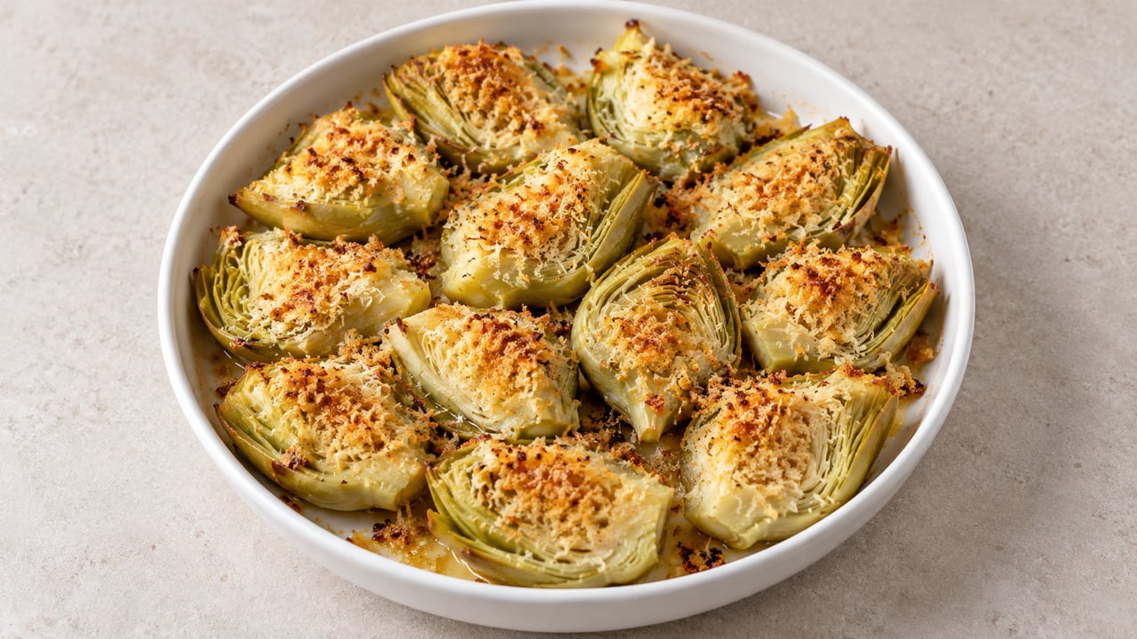 Cuori di carciofo con crosta chiara dorata di parmigiano