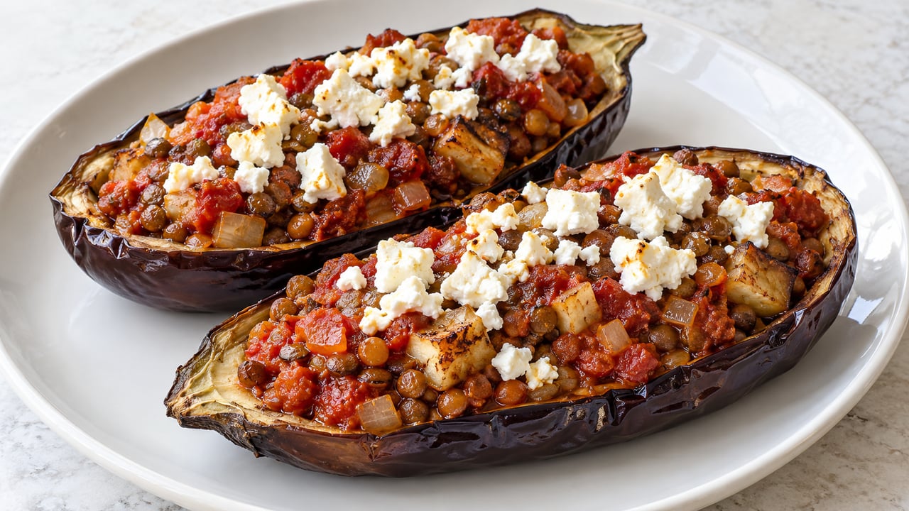 Mezze melanzane con lenticchie, pomodoro e feta